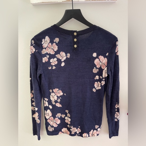 Tory Burch Floral 100% Merino Wool Sweater/Blouse In Navy Blue Size S - Picture 2 of 10